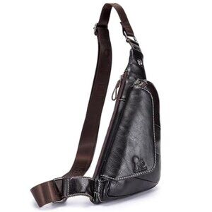 NEW Mens Dark Brown Genuine Leather Sling Bag